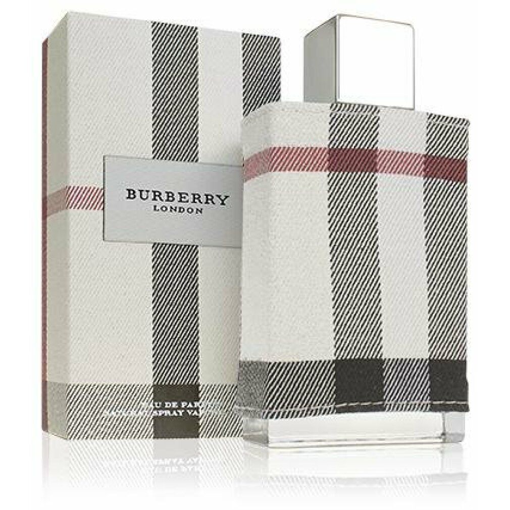 Flacone di profumo e confezione. Flacone con rivestimento in tessuto a quadri. Confezione con logo e motivo a quadri. Forma rettangolare.