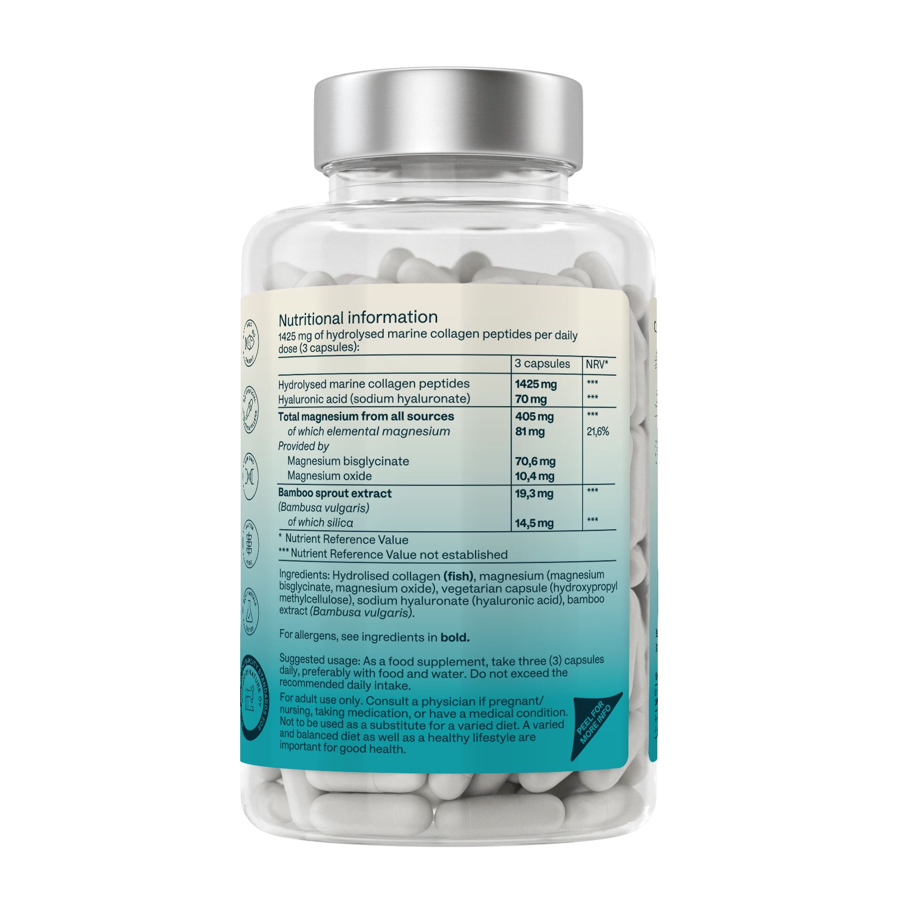 Retro della bottiglia Aavalabs Marine Collagen. Contiene informazioni nutrizionali e ingredienti. 1425 mg di collagene idrolizzato.