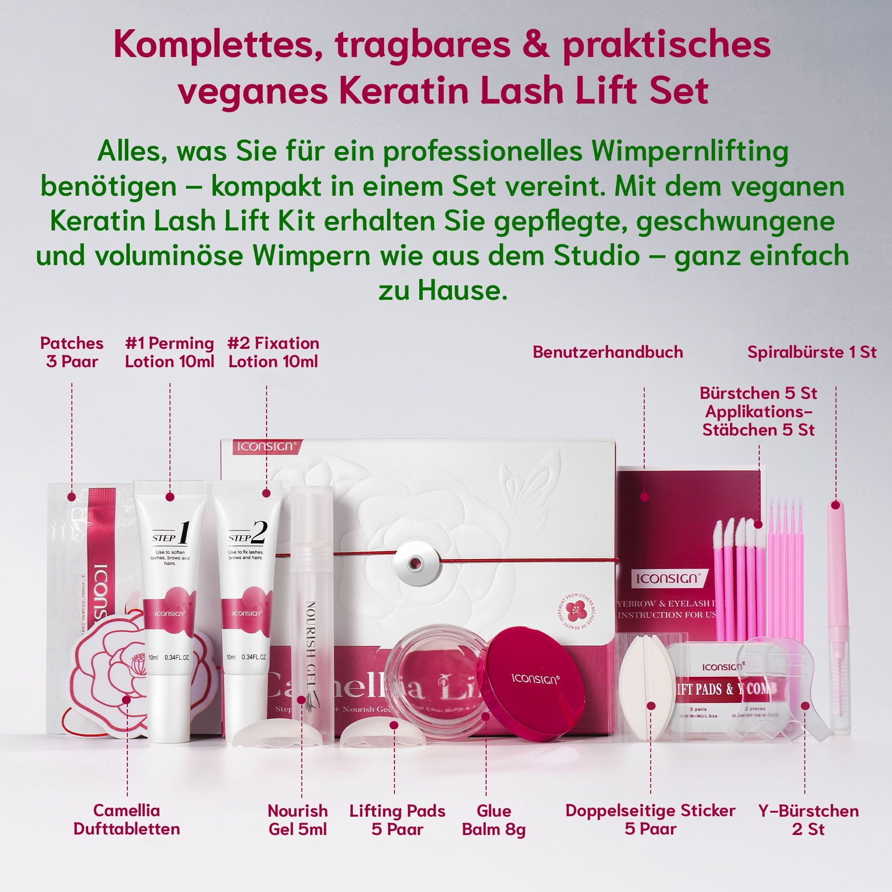 Kit completo per lifting ciglia alla cheratina vegana. Contiene creme, cuscinetti, spazzole, colla e accessori. Marchio: Iconsign.