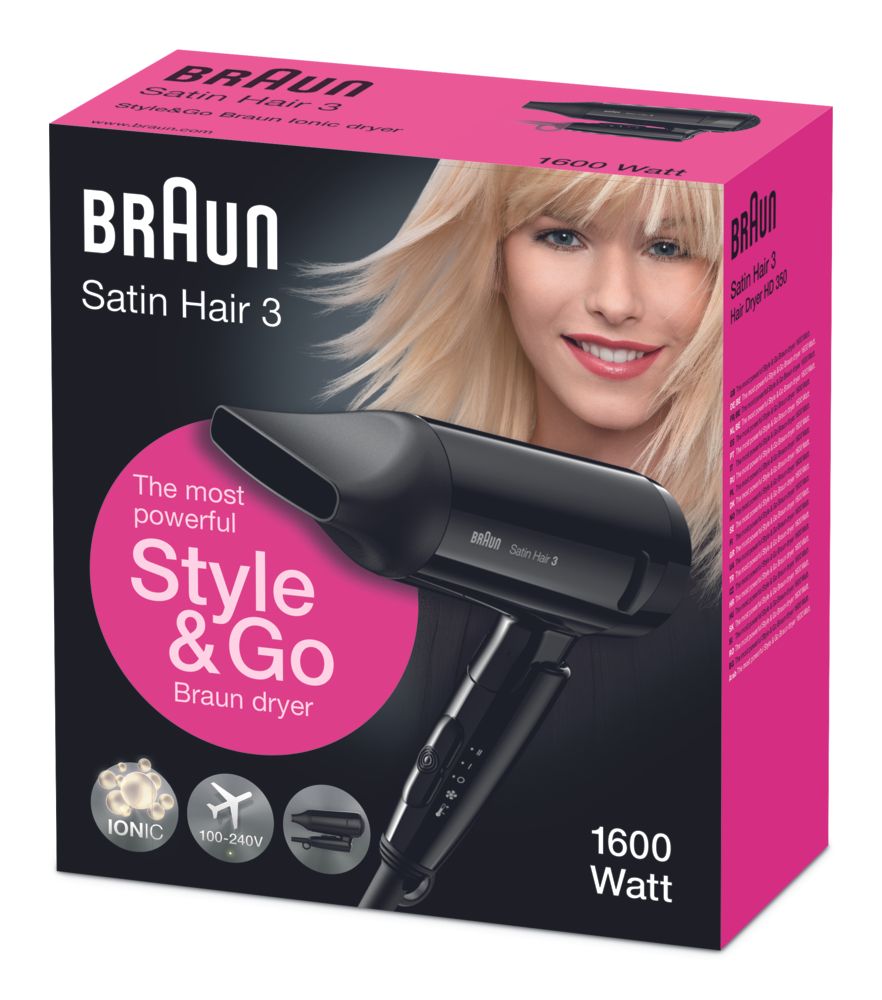 Confezione asciugacapelli Braun Satin Hair 3. Design rosa e nero con immagine del prodotto e modella.