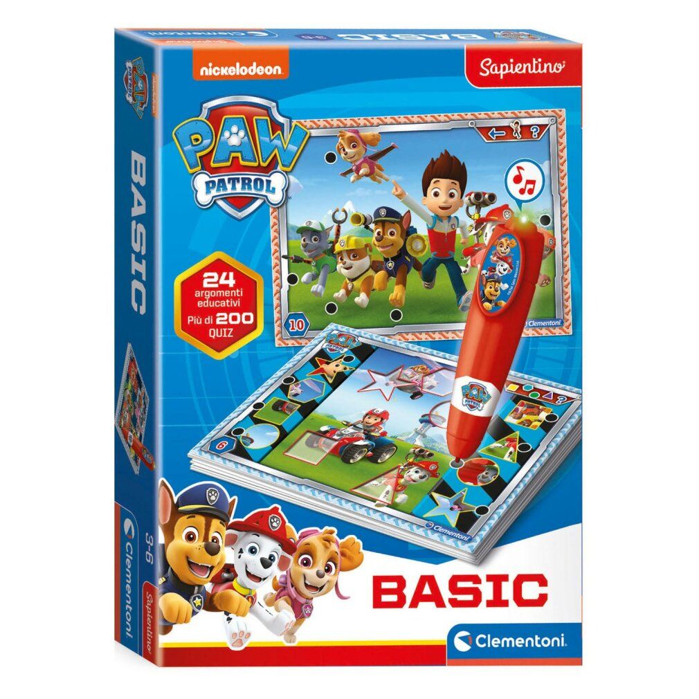 Confezione con tema Paw Patrol. Include gioco educativo con penna. Scritte: BASIC, Clementoni, Nickelodeon, Sapientino.