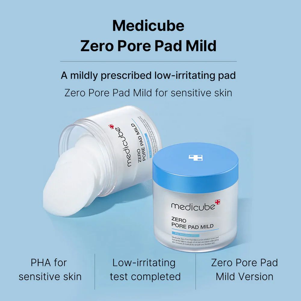 Due contenitori con pads. Scritte: medicube, ZERO PORE PAD MILD. Testo: PHA per pelli sensibili, test a bassa irritazione.