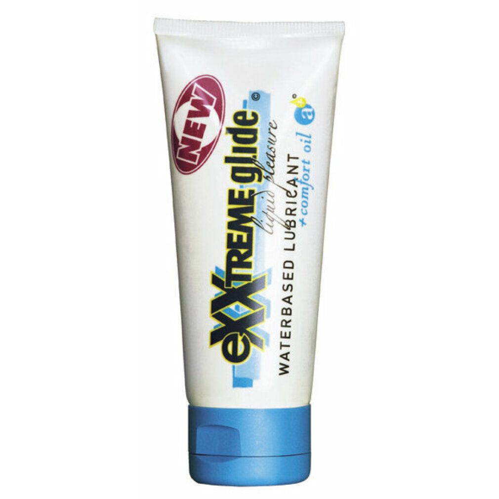 Tubo bianco e blu con nome del prodotto. Scritta: eXXtreme glide, waterbased lubricant, 30ml, HOT. Con adesivo 'NEW'.