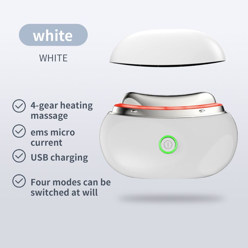 Dispositivo per il lifting facciale bianco. Con luce rossa e pulsante verde. Testo: massaggio a 4 velocità, microcorrente EMS, ricarica USB.