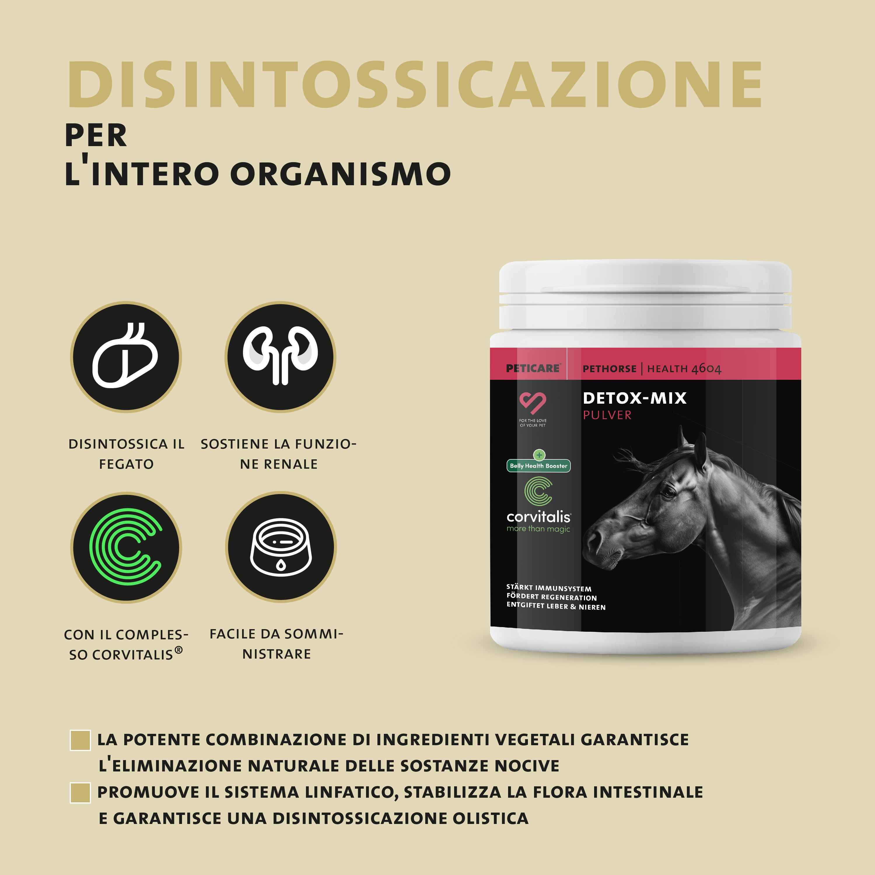 Immagine di cavallo con testo su dosaggio e durata applicazione.