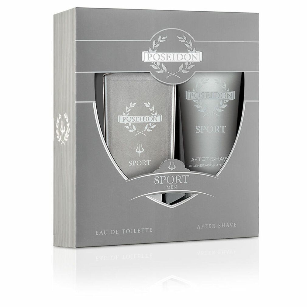 Confezione regalo grigia con due prodotti. Scritta: Poseidon Sport. Eau de Toilette e Dopobarba. Logo con corona d'alloro e tridente.