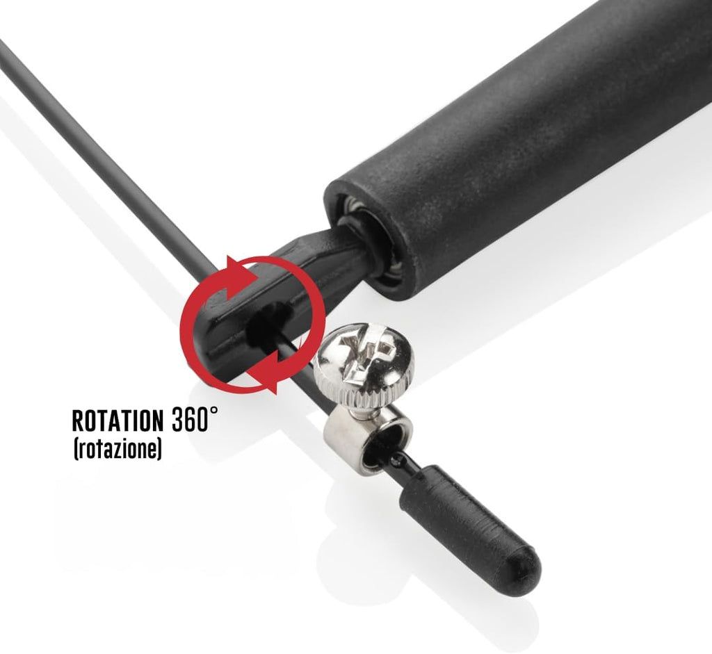 Primo piano di un'impugnatura nera per corda per saltare con giunto rotante. Testo: 'Rotation 360°'.