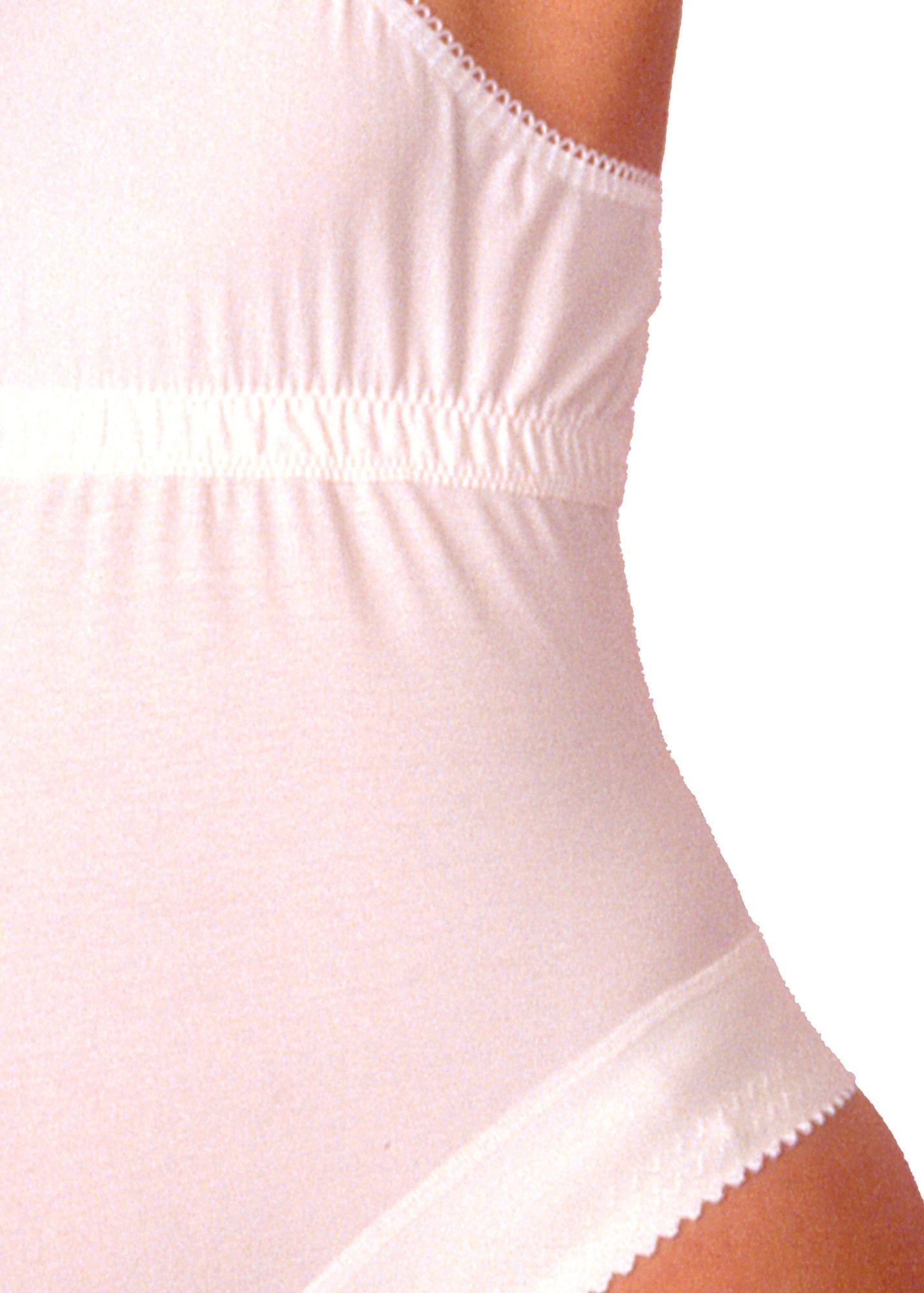 Canotta premaman bianca con supporto addominale. Dettaglio del tessuto e delle cuciture.