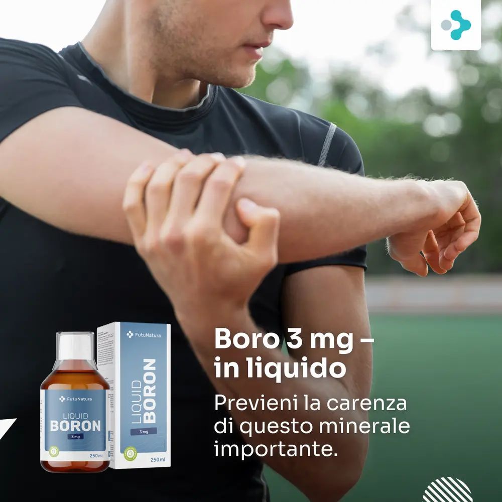 Uomo piega il braccio. Sullo sfondo: bottiglia e confezione di Liquid Boron 3 mg. Testo: Boro 3 mg - liquido.