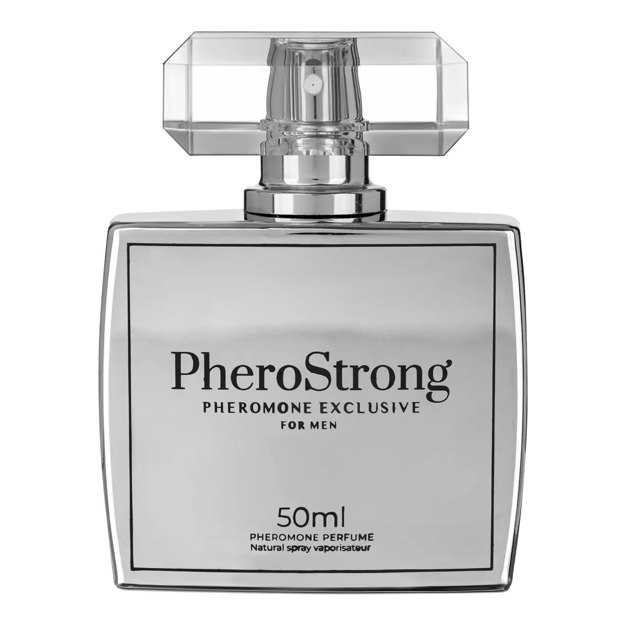 Flacone argentato con scritta PheroStrong, Pheromone Exclusive for Men. 50ml, Natural spray vaporisateur.