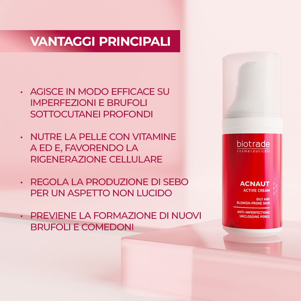Testo con punti elenco. Descrive i vantaggi di ACNAUT ACTIVE CREAM. Contro le imperfezioni, per la rigenerazione cellulare.