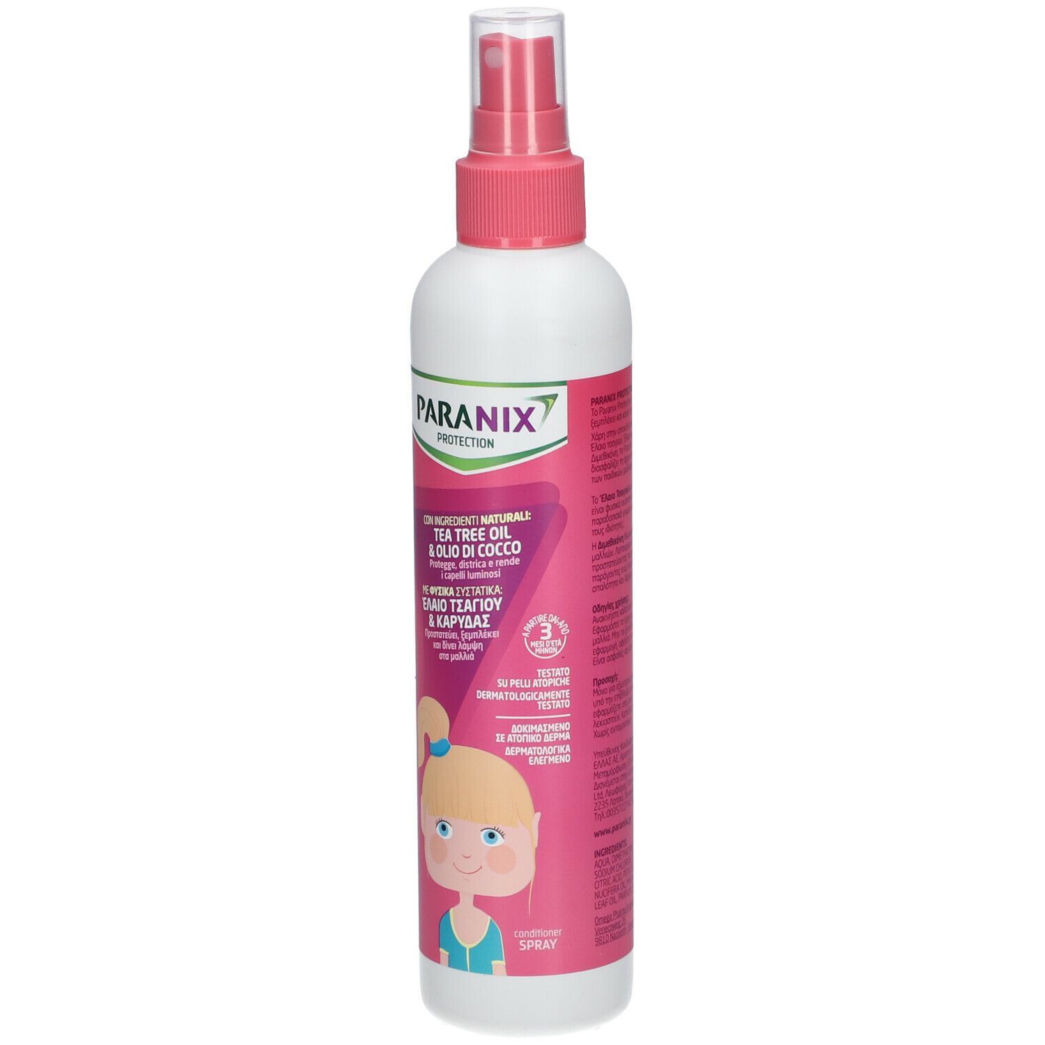 Flacone bianco con erogatore rosa. Logo PARANIX PROTECTION. Etichetta con testo e illustrazione di una bambina.