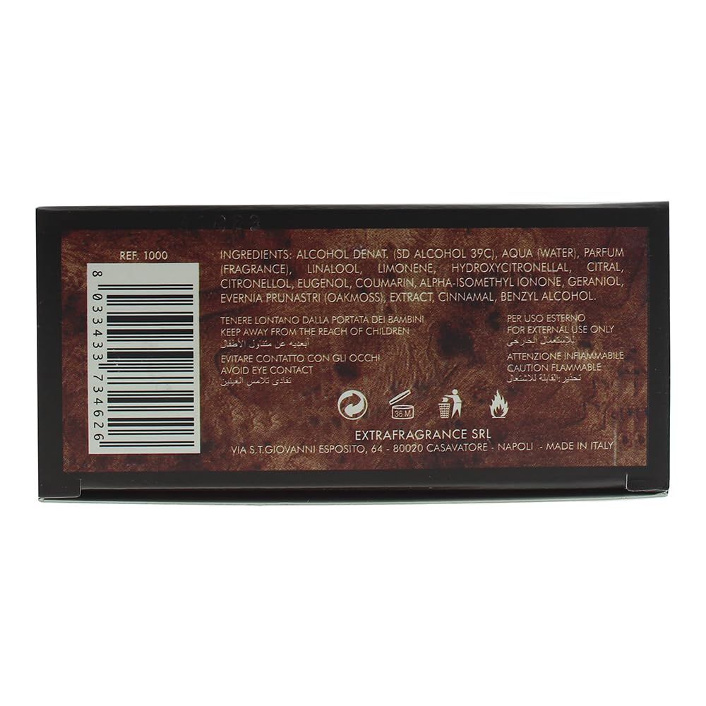 Confezione rettangolare marrone scuro con testo e codice a barre. Elenco ingredienti, avvertenze e informazioni del produttore.