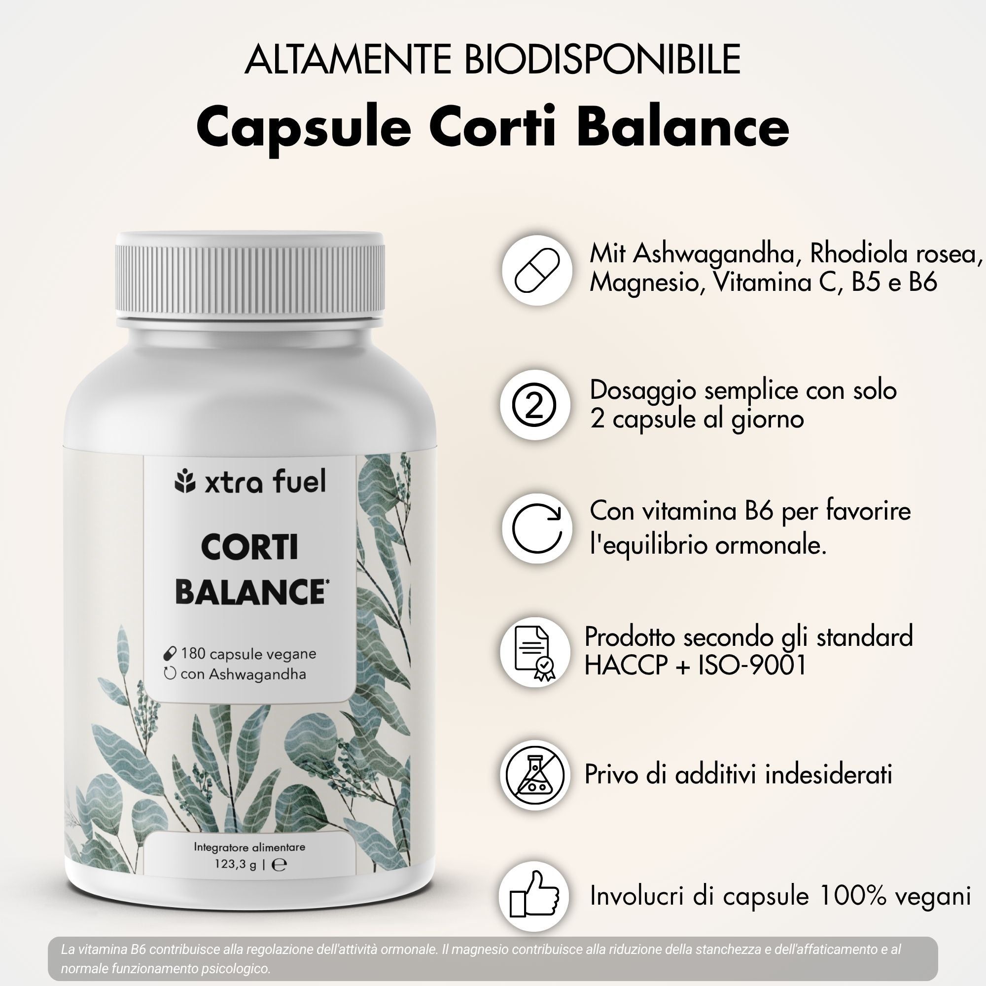 Barattolo di capsule XTRA FUEL Corti Balance, 180 capsule vegane con Ashwagandha.