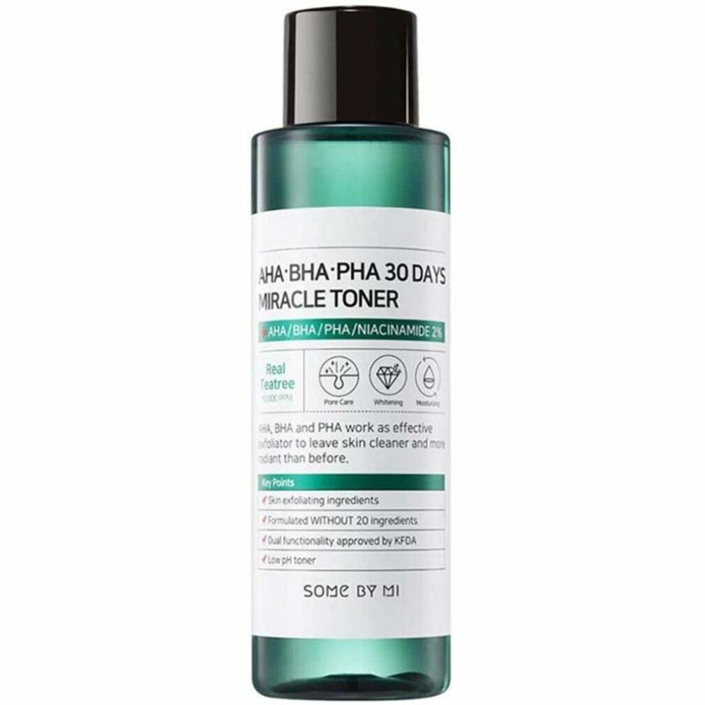 Flacone verde con tappo nero. Testo: AHA-BHA-PHA 30 DAYS MIRACLE TONER. Marchio SOME BY MI. 150 ml.
