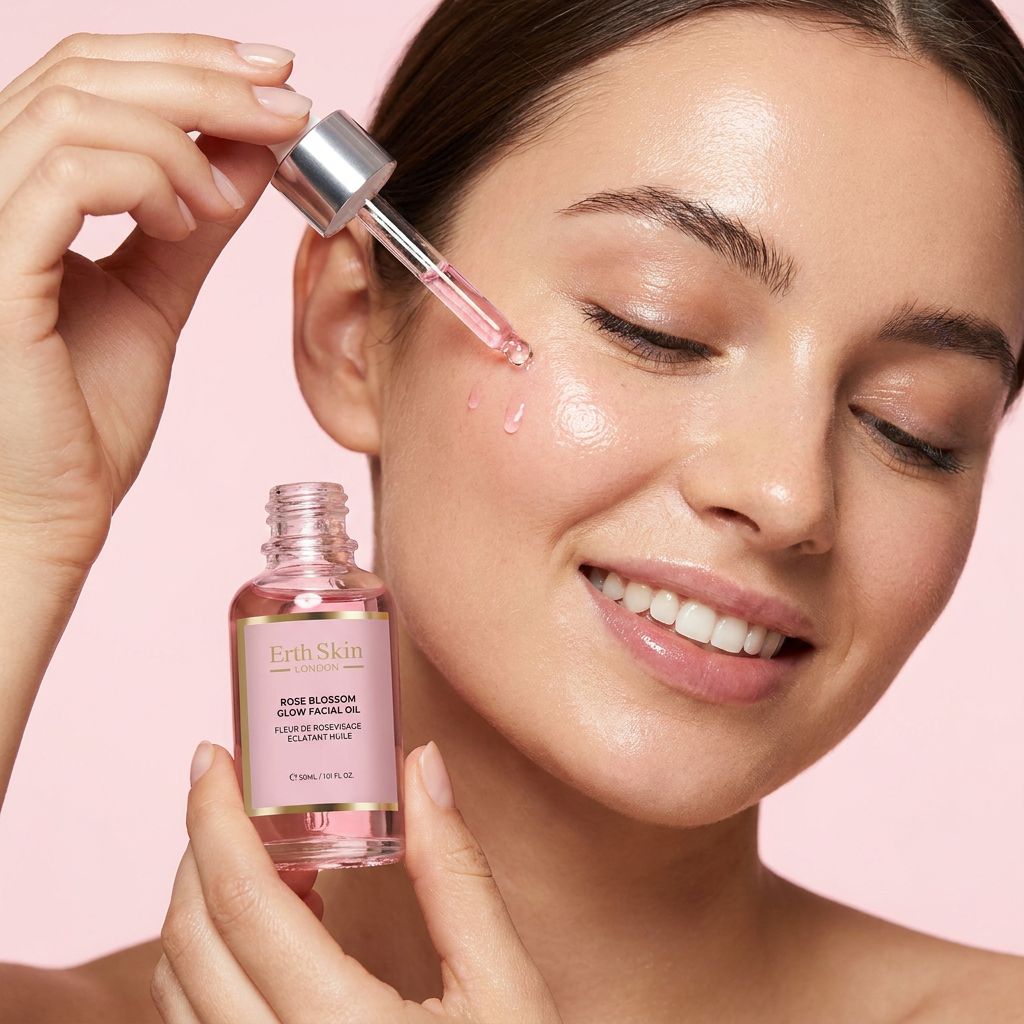 Una donna applica olio viso rosato con contagocce. Flacone in mano.
