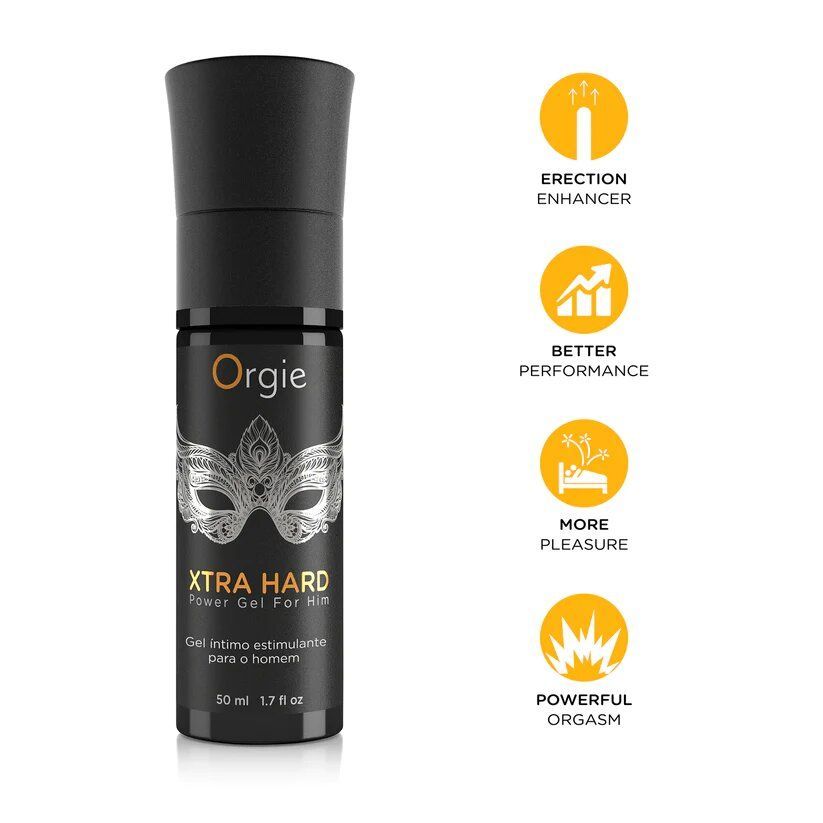 Flacone nero con logo e design a maschera. Testo: XTRA HARD Power Gel For Him. Icone gialle con descrizioni.