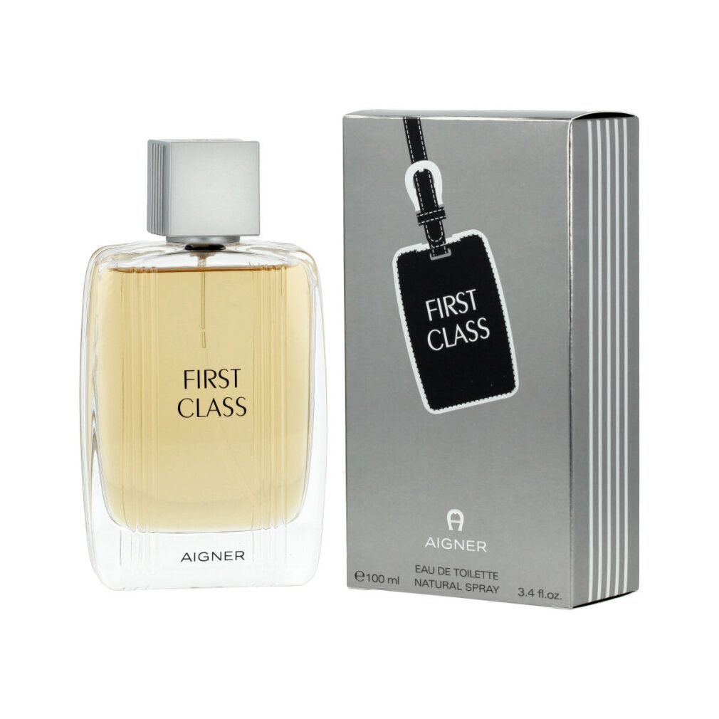Flacone di profumo e confezione. Scritta "FIRST CLASS" e "AIGNER".