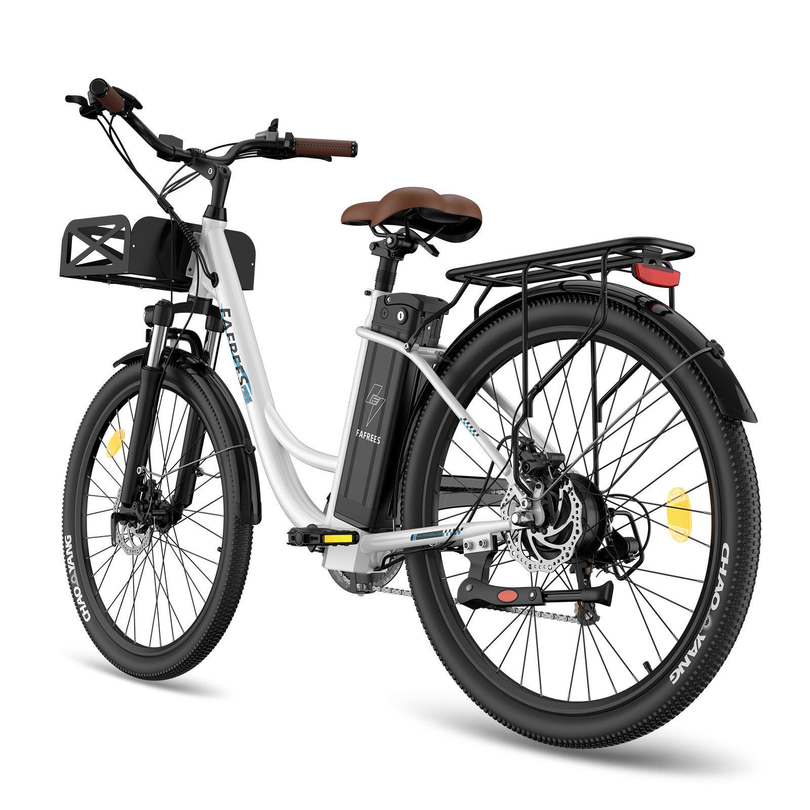 E-bike Fafrees F26 bianca, con portapacchi e cestino. Pneumatici neri, sella e manopole marroni. Batteria sul telaio.