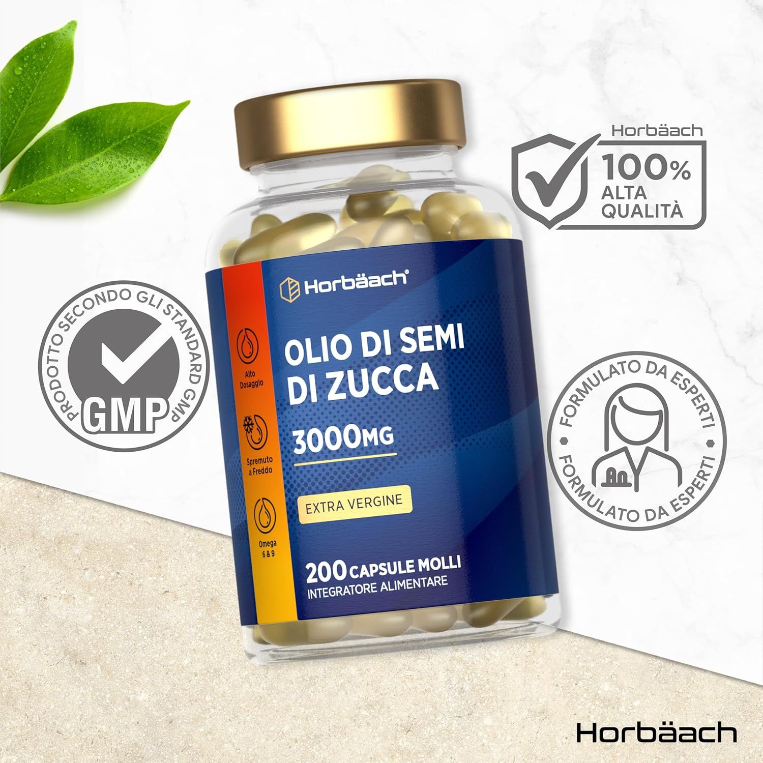 Flacone di capsule Horbaach Olio di Semi di Zucca. Certificazione GMP e 100% alta qualità. Formulato da esperti.