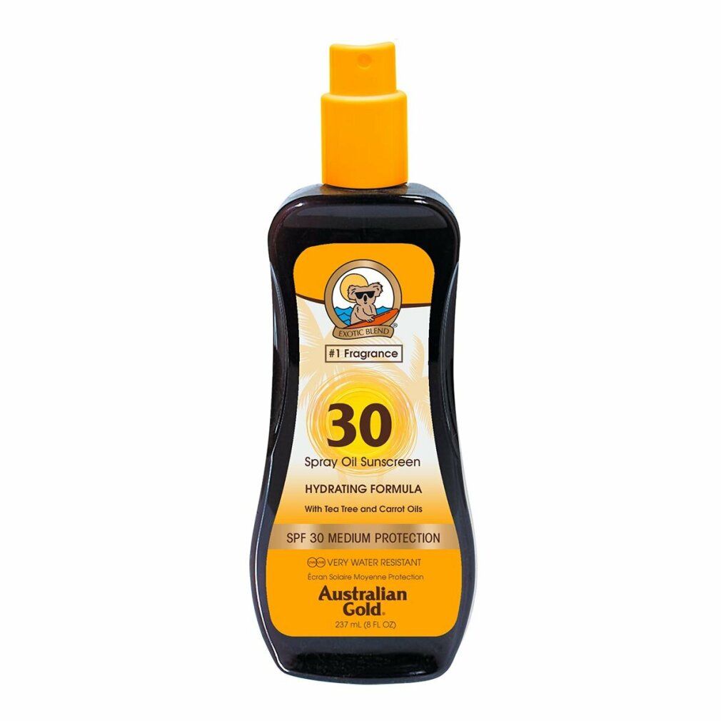 Spray solare SPF 30. Flacone nero con etichetta gialla e erogatore spray. Testo: Australian Gold, SPF 30 Medium Protection.