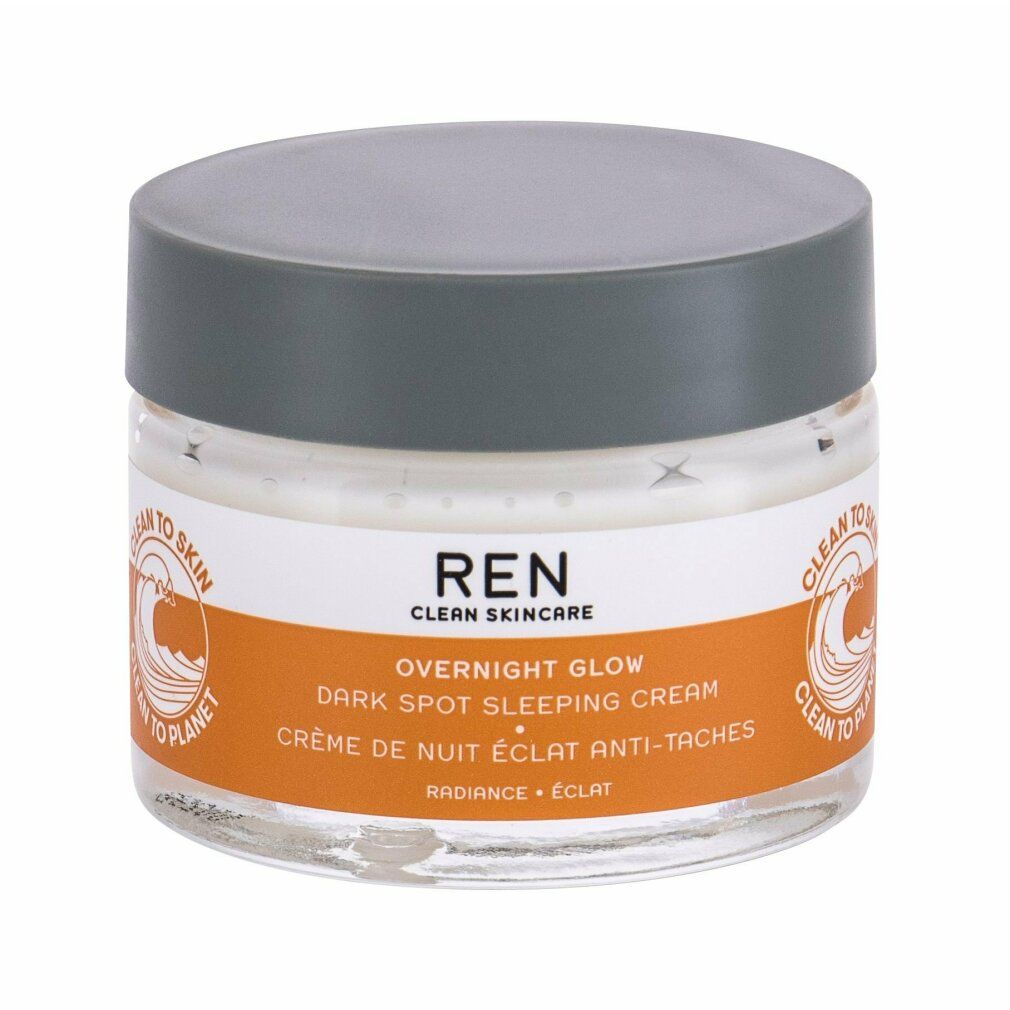 Vasetto di crema con coperchio grigio. Scritta: REN Clean Skincare, Overnight Glow Dark Spot Sleeping Cream. Striscia arancione con testo.