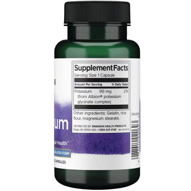 Retro del flacone verde. Contiene informazioni nutrizionali. Potassio 99 mg. Altri ingredienti: gelatina, farina di riso, magnesio stearato.