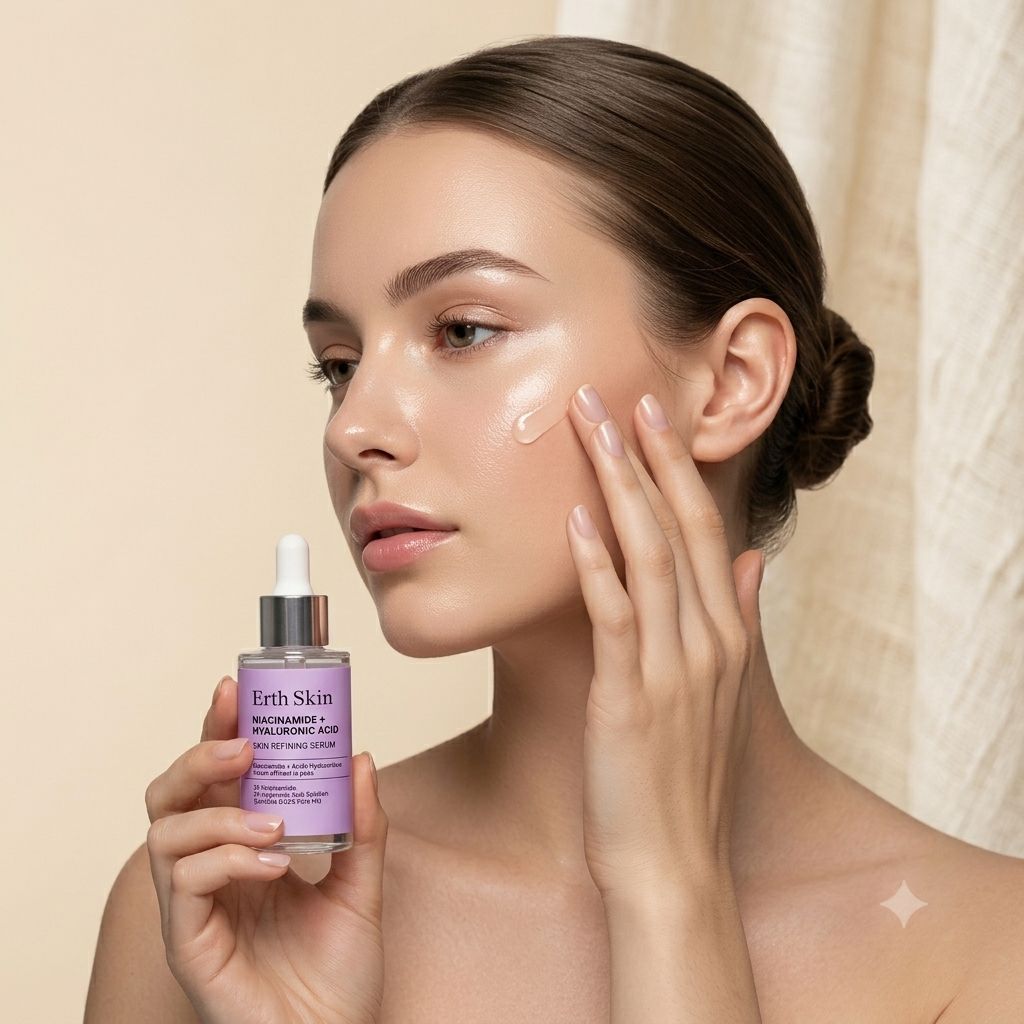 Donna applica il siero Erth Skin London Niacinamide + Acido Ialuronico, tenendo il flacone da 30ml.