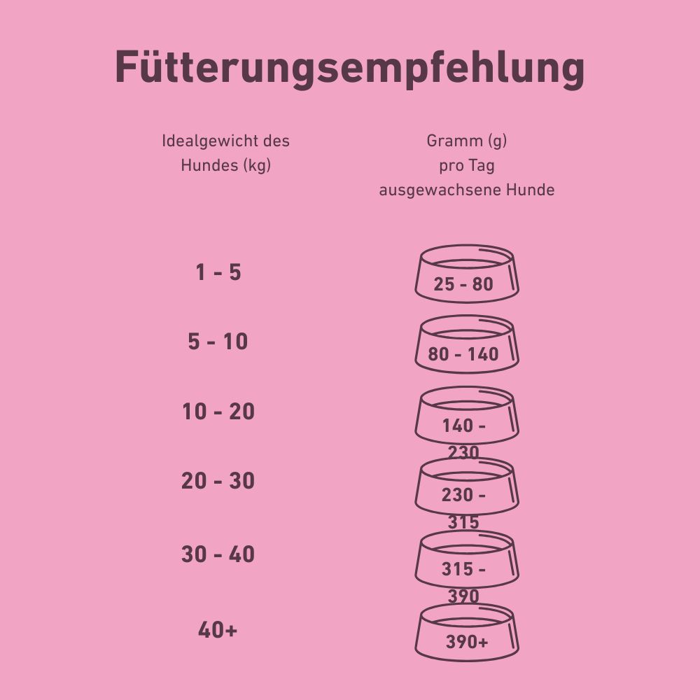 Tabella delle raccomandazioni alimentari. Mostra la quantità di cibo al giorno per i cani in base alle classi di peso.