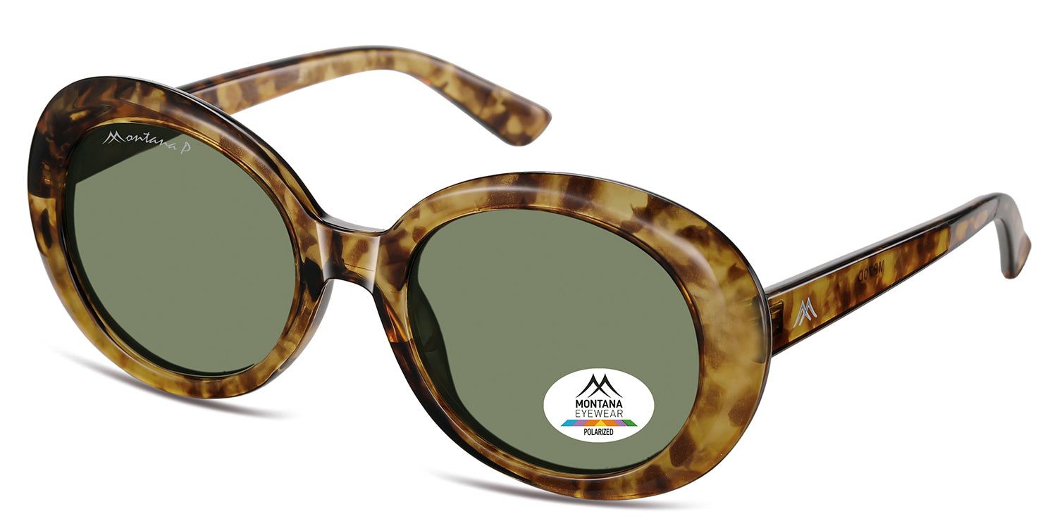 Occhiali da sole con montatura marrone e lenti verdi. Logo e adesivo Polarized. Montana Eyewear.