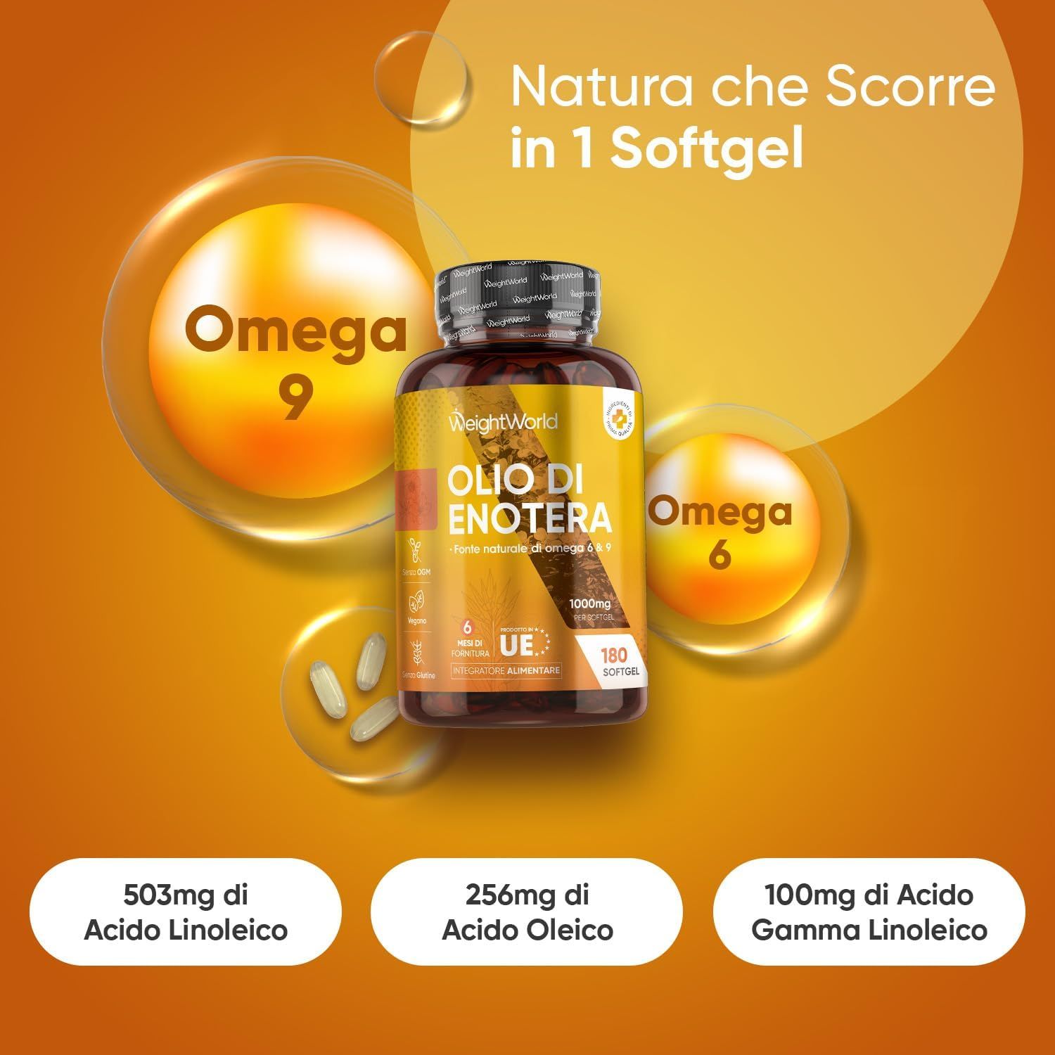 Flacone marrone di capsule. Testo: Olio di Enotera, Omega 6 & 9, 1000mg, 180 softgels. Ingredienti: 503mg acido linoleico, 256mg acido oleico.