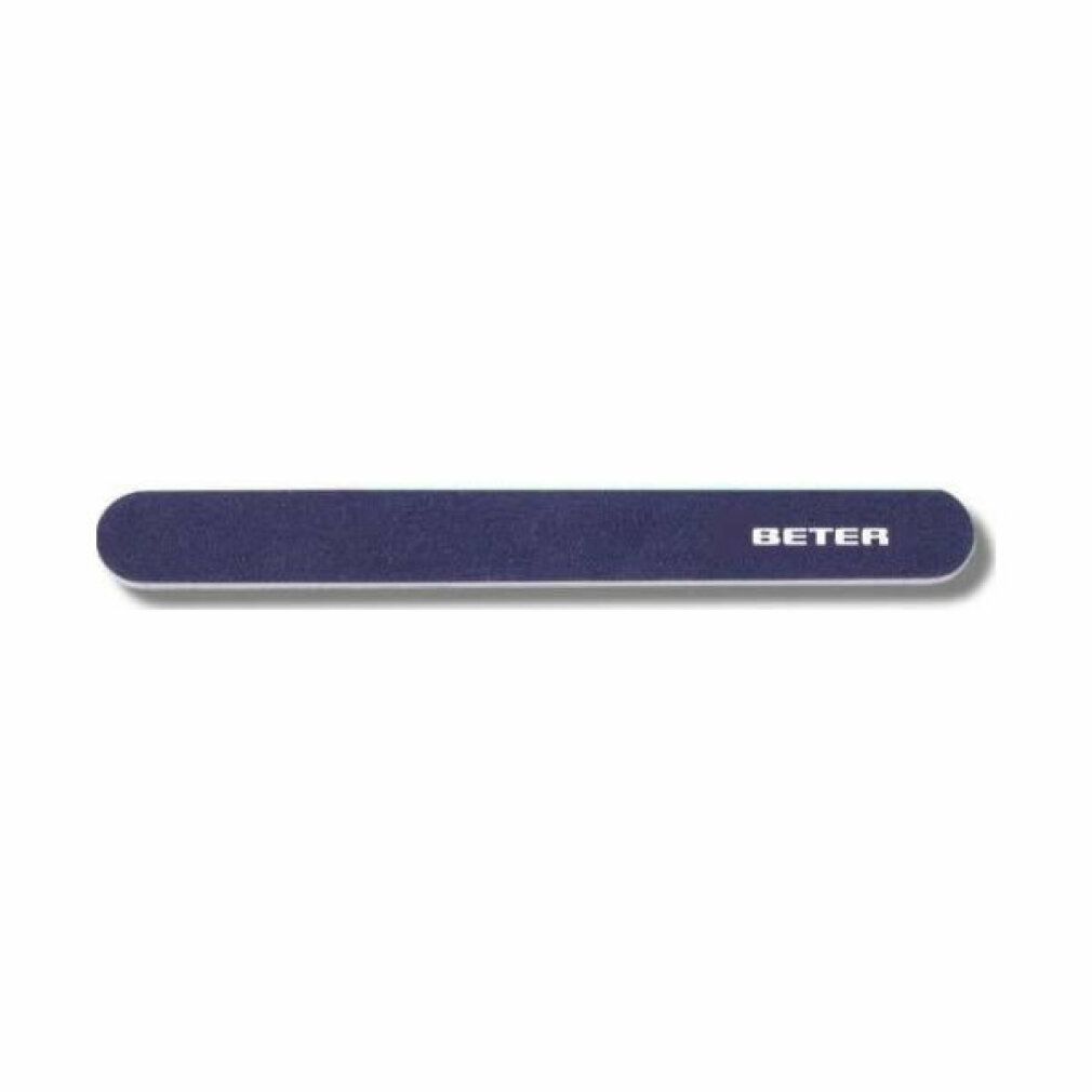 Lima per unghie blu con bordo bianco. Marchio Beter. Forma rettangolare con estremità arrotondate. Scritta: Beter.