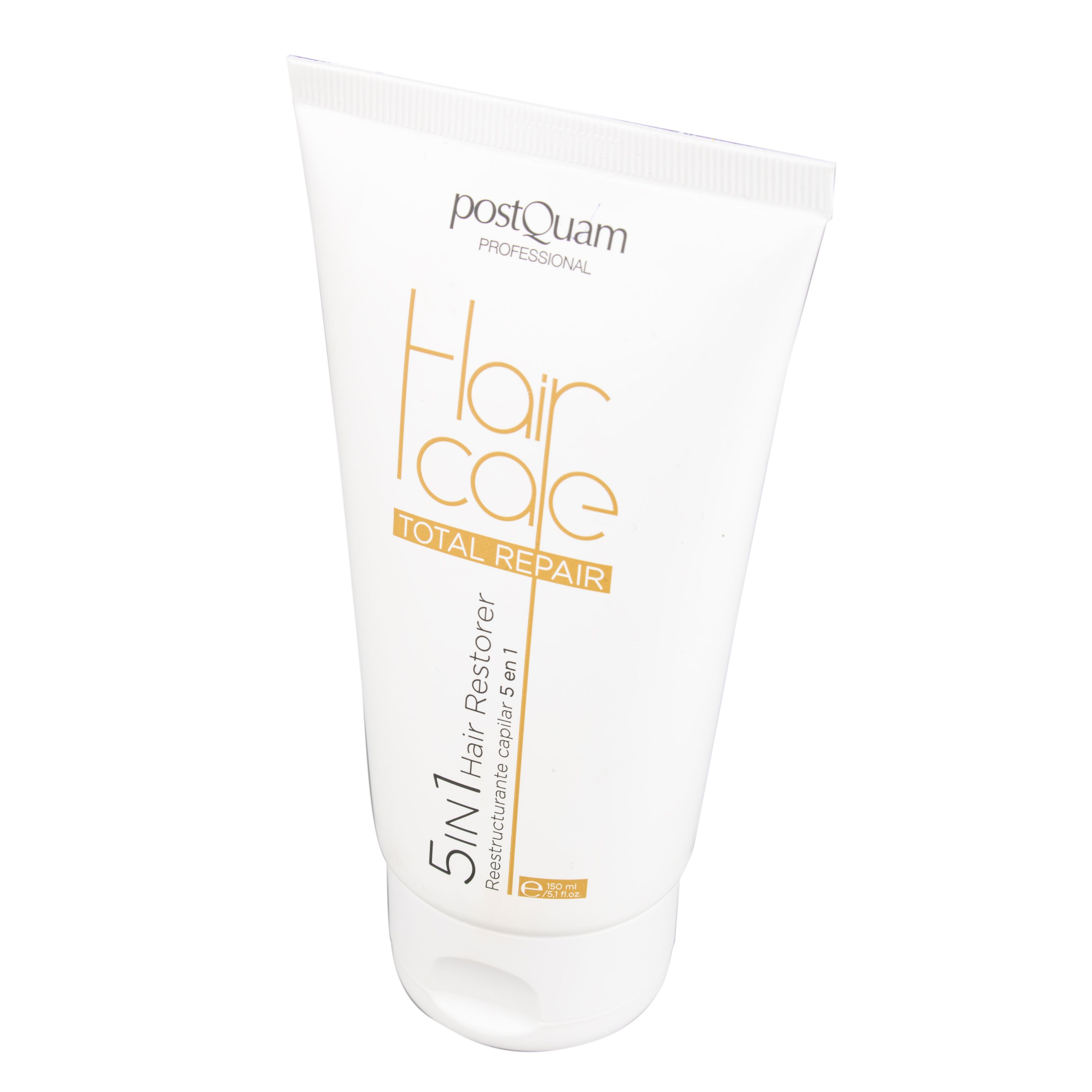 Tubo bianco con stampa dorata. Testo: Hair Care Total Repair, 5 in 1 Hair Restorer. Marchio: Postquam.