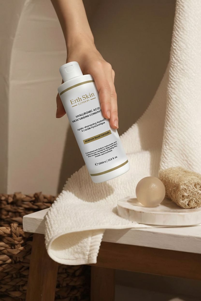 Mano che tiene un flacone bianco ErthSkin London Hyaluronic Acid Moisturising Conditioner.