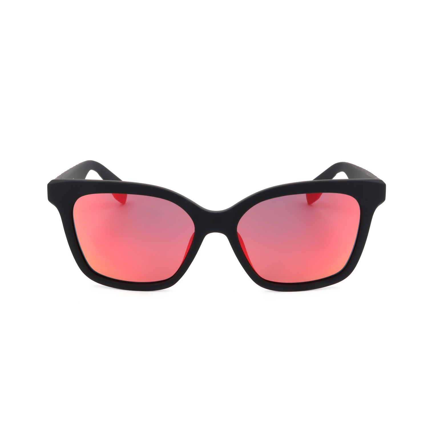 Occhiali da sole neri con lenti a specchio rosse e montatura rettangolare.