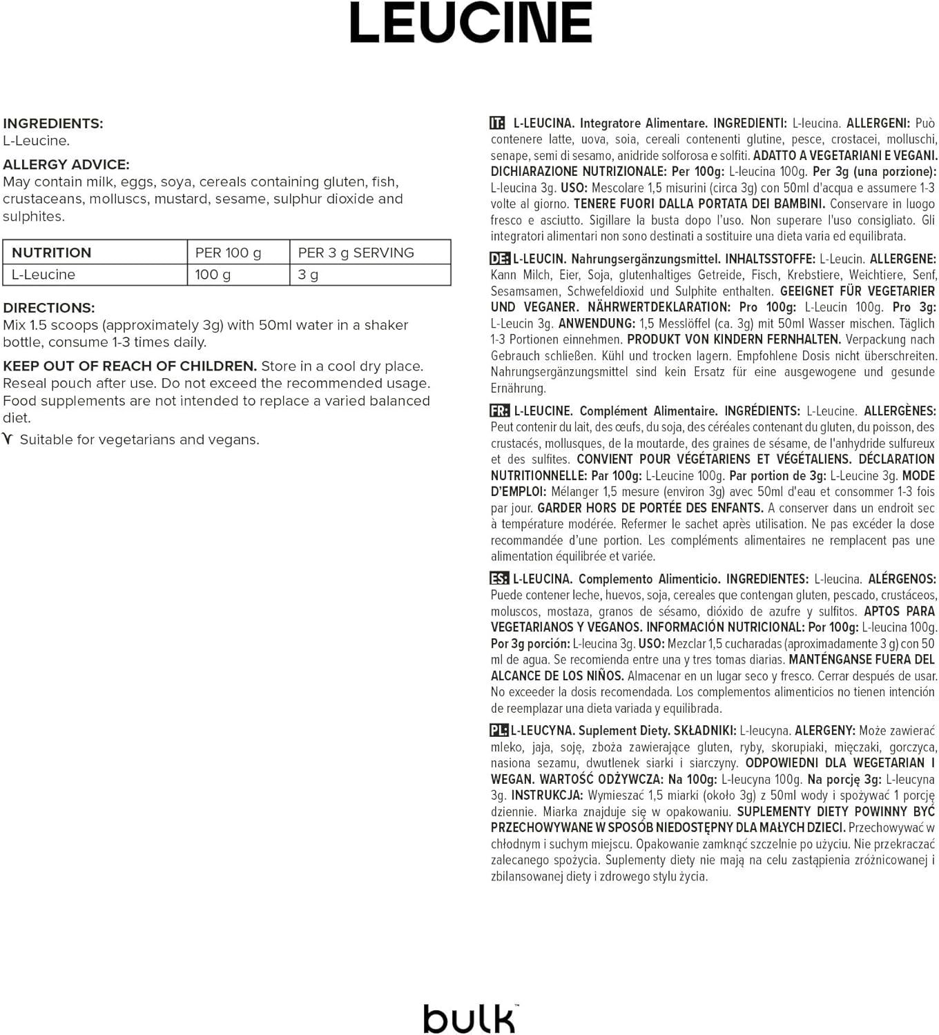 Pagina di testo con informazioni sulla L-Leucina. Ingredienti, allergeni, valori nutrizionali e istruzioni. Logo "bulk" in basso.