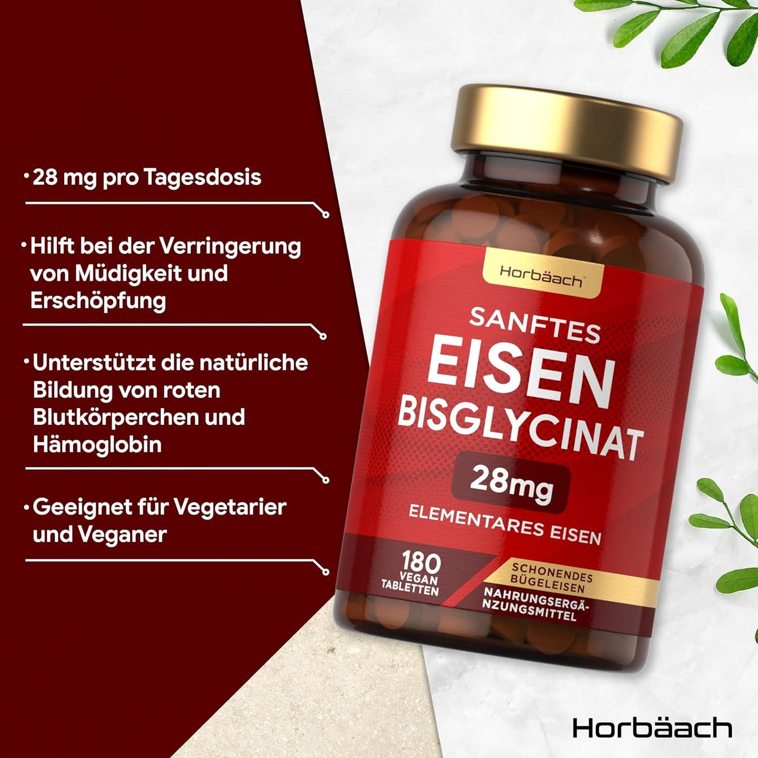 Flacone di compresse con etichetta rossa. Testo: Sanftes Eisenbisglycinat, 28mg, 180 compresse. Circondato di verde. Testo: 28mg per dose.