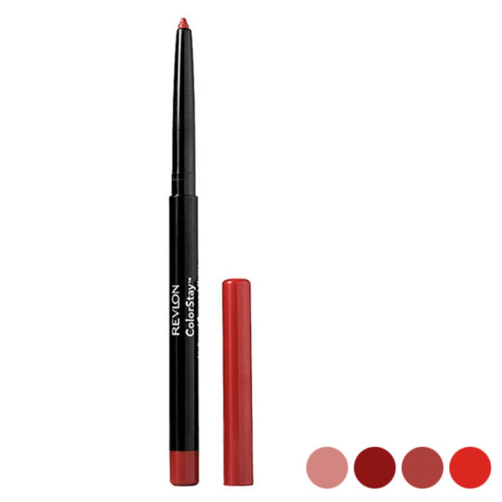 Matita labbra Revlon Colorstay rossa con cappuccio e campioni di colore.