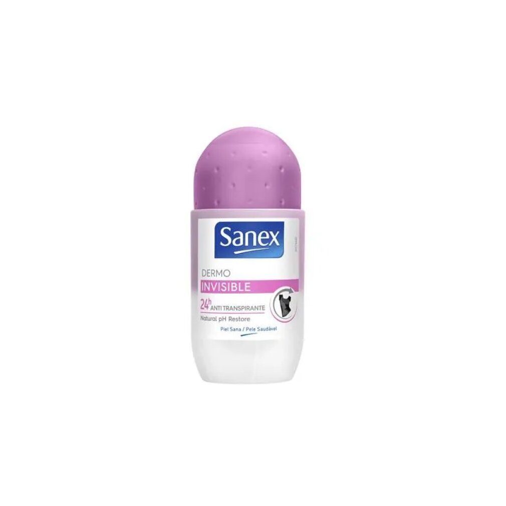 Deodorante roll-on con tappo rosa e flacone bianco. Logo Sanex e indicazioni del prodotto visibili.