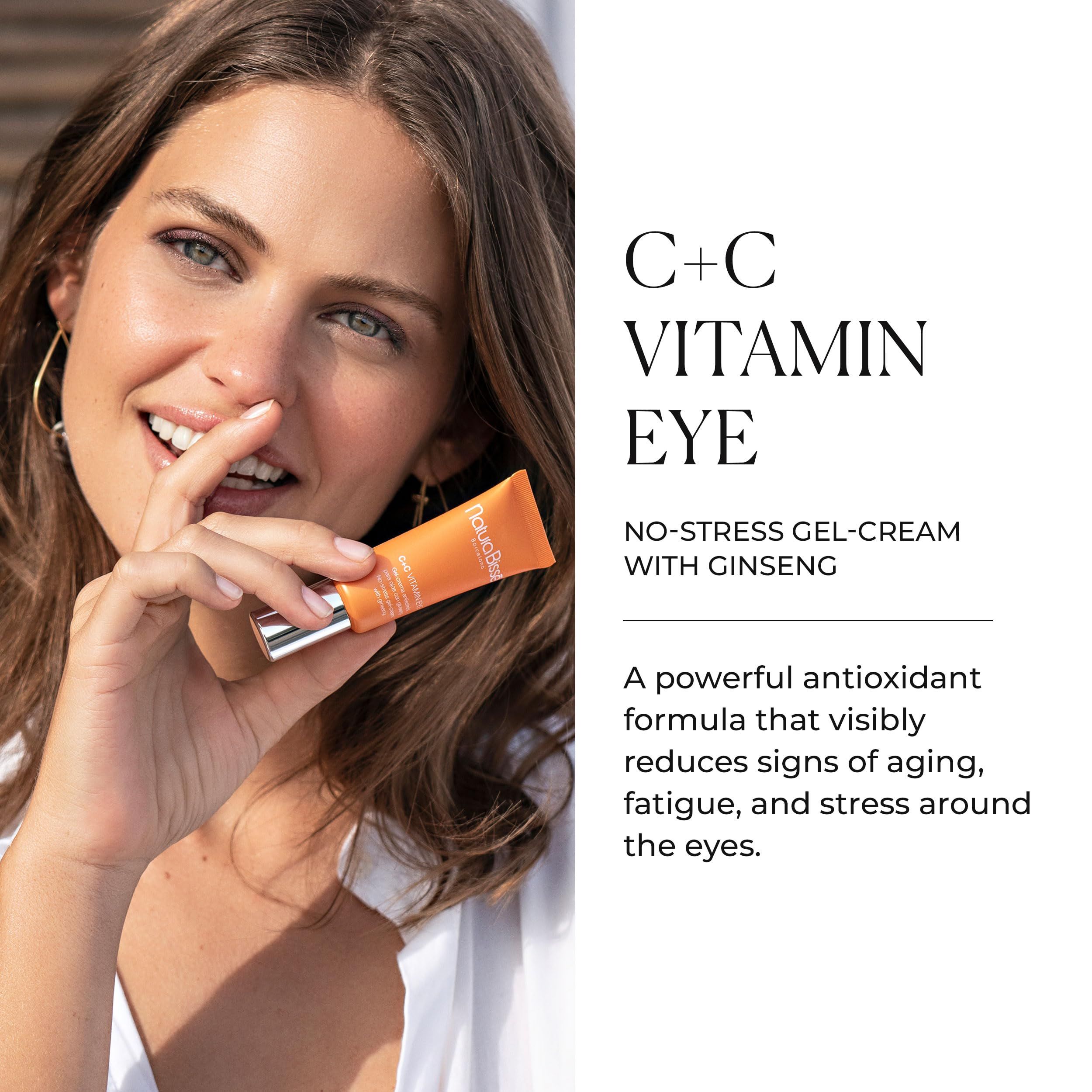 Donna tiene un tubo. Testo: C+C Vitamin Eye, No-Stress Gel-Cream with Ginseng. Riduce i segni dell'invecchiamento.