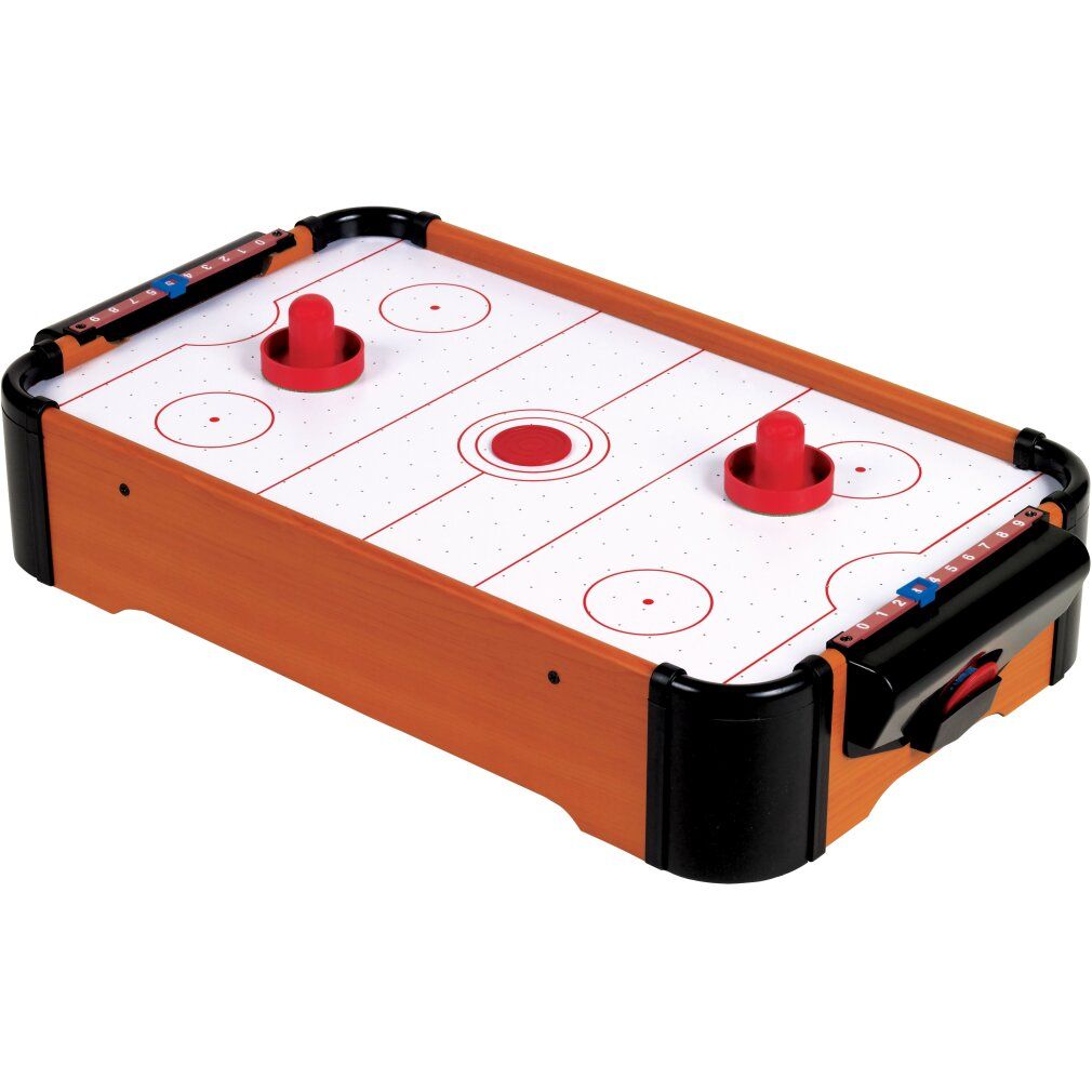 Gioco di hockey da tavolo. Campo di gioco color legno, dischi e manici rossi. Angoli e lati neri.