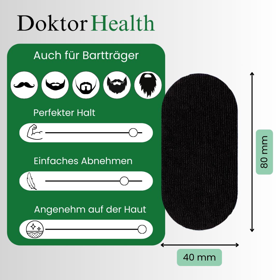 Cerotto orale nero. Testo: Doktor Health. Anche per chi porta la barba. Dimensioni: 80x40mm. Icone: tenuta perfetta, facile rimozione, piacevole sulla pelle.