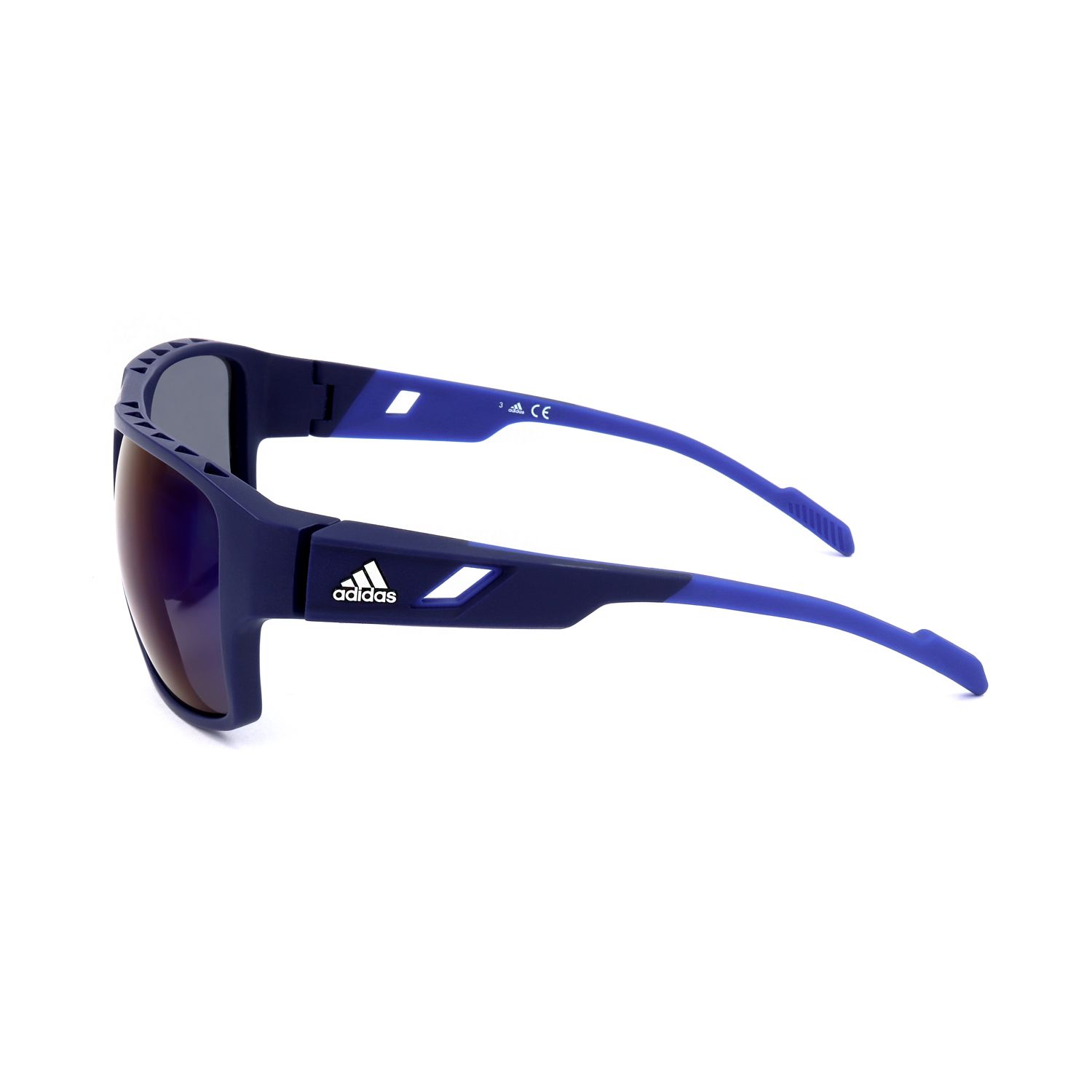 Occhiali da sole sportivi Adidas blu navy con accento blu e logo Adidas argentato.