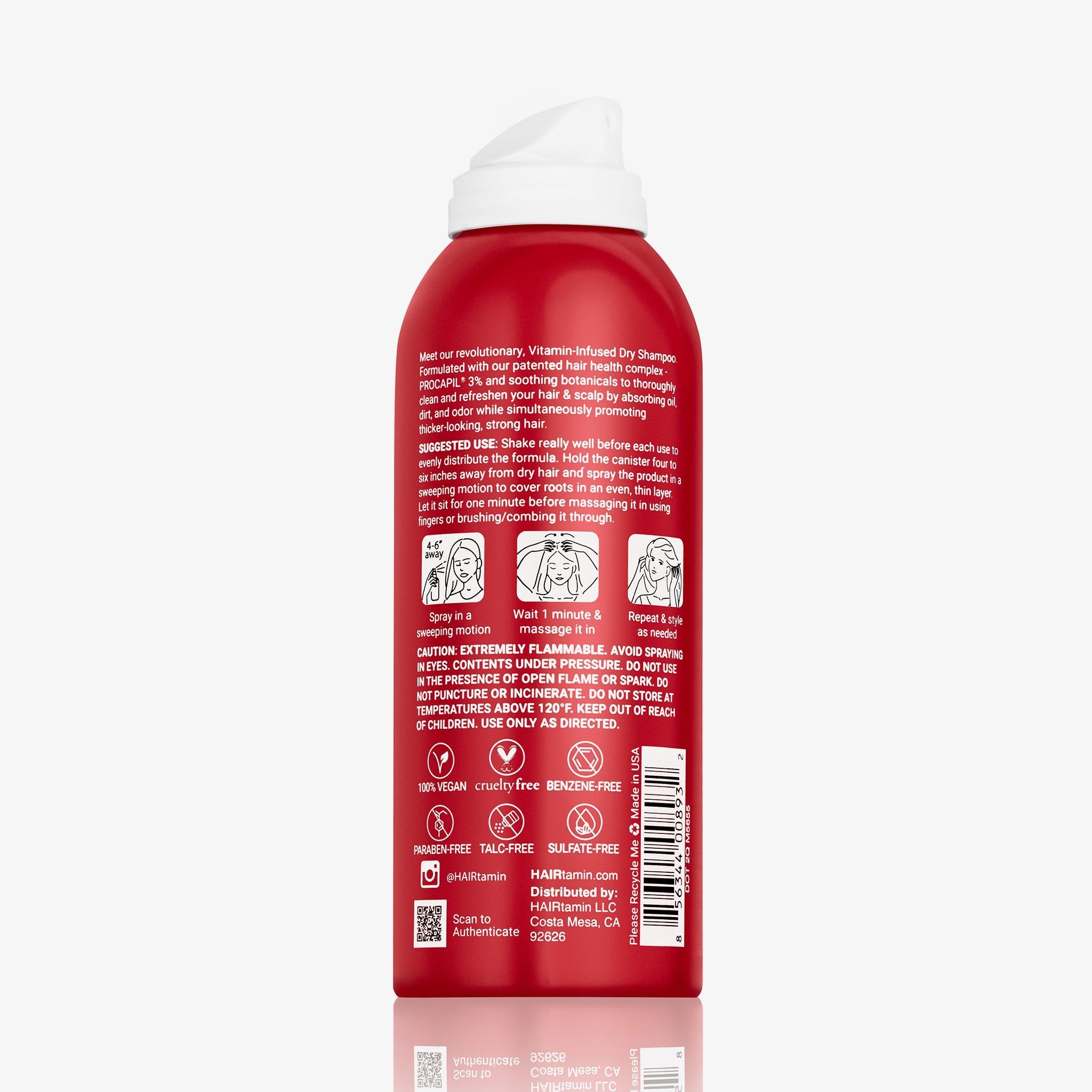 Flacone spray rosso con tappo bianco. Contiene HAIRtamin Vitamin-Infused Dry Shampoo. Istruzioni per l'uso e precauzioni.