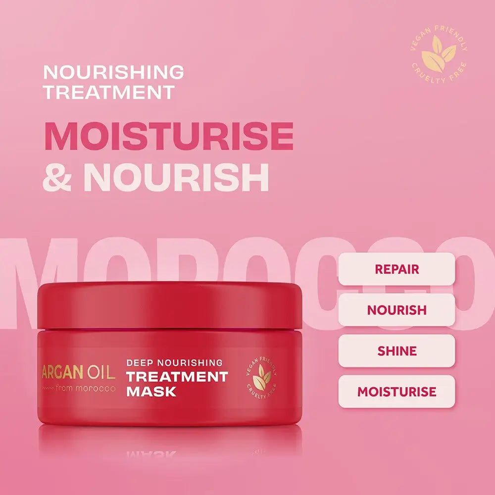 Vasetto rosso con maschera trattamento nutriente all'olio di argan. Opzioni: Ripara, Nutri, Lucida, Idrata.