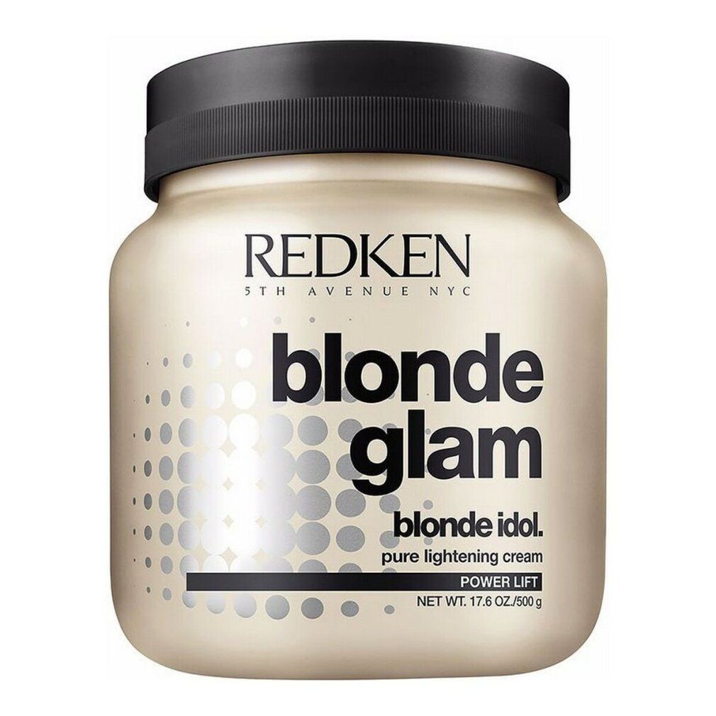 Barattolo beige con coperchio nero. Scritta: REDKEN, blonde glam, blonde idol, pure lightening cream, Power Lift. Peso: 17.6 OZ/500g.