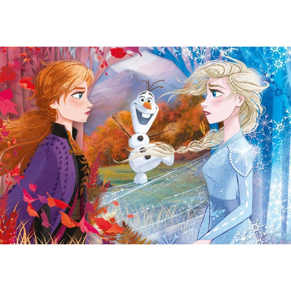 Puzzle Frozen. Anna, Elsa e Olaf davanti a un paesaggio autunnale. 60 pezzi. Marchio Clementoni. Consigliato per bambini dai 4 anni in su.