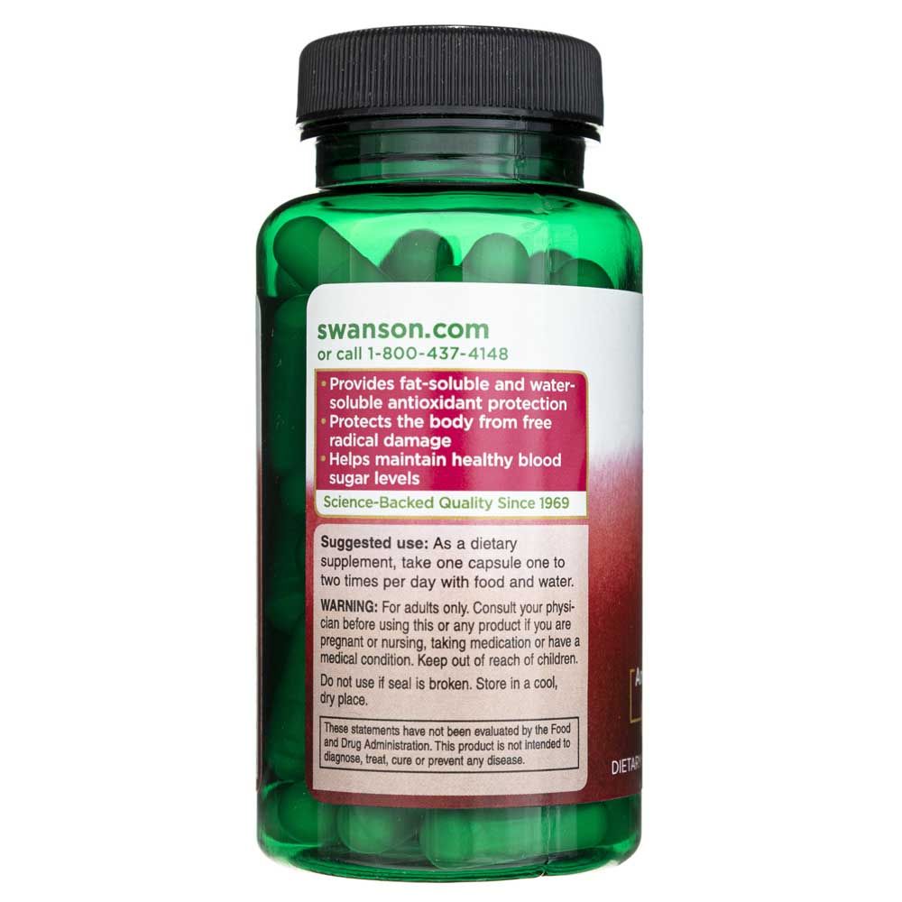 Retro del flacone Swanson Acido Alfa-Lipoico con benefici del prodotto e garanzie di qualità.