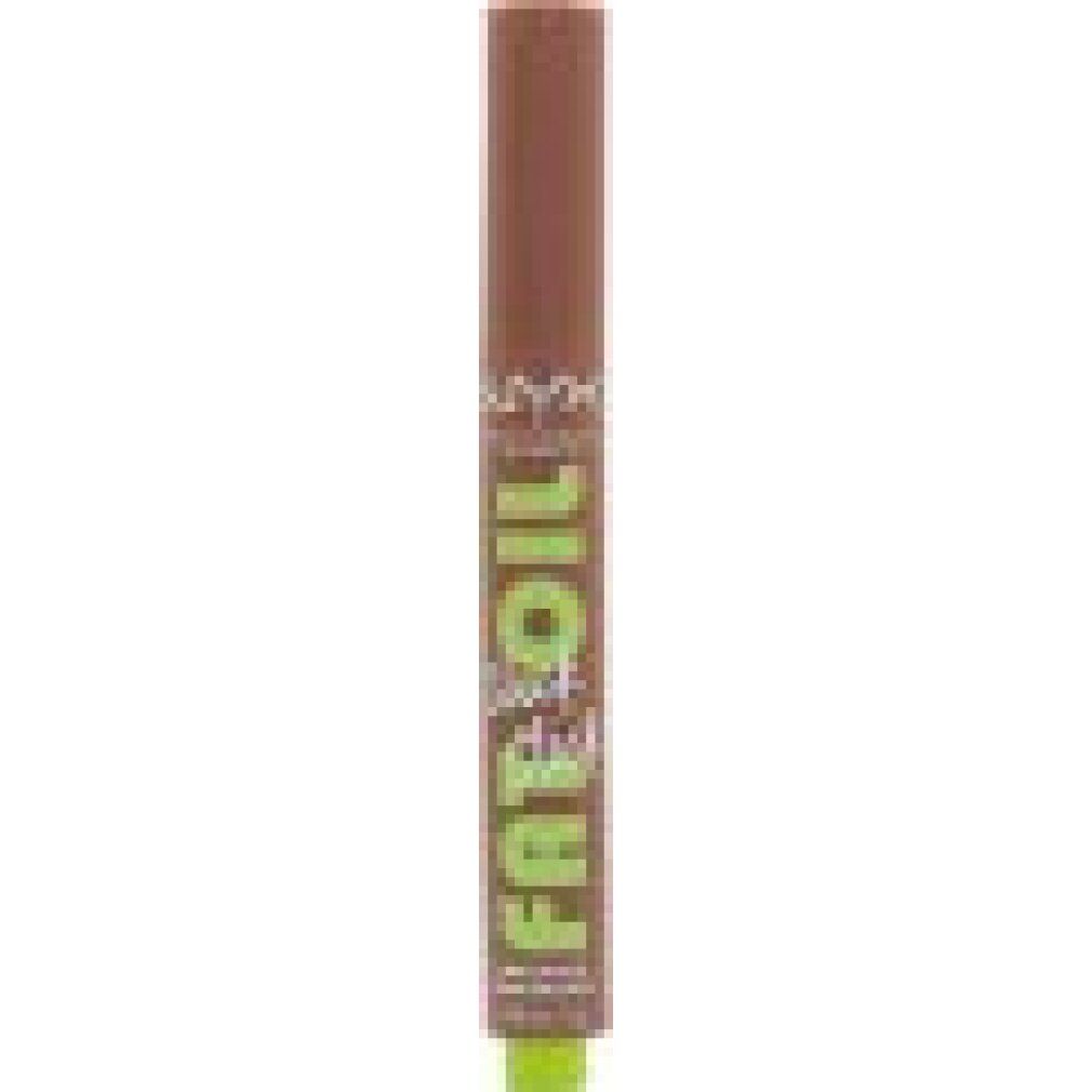 Balsamo labbra cilindrico marrone e verde. Scritta: FAT OIL slick click, NYX Professional Makeup. 0.07 oz / 2 g.