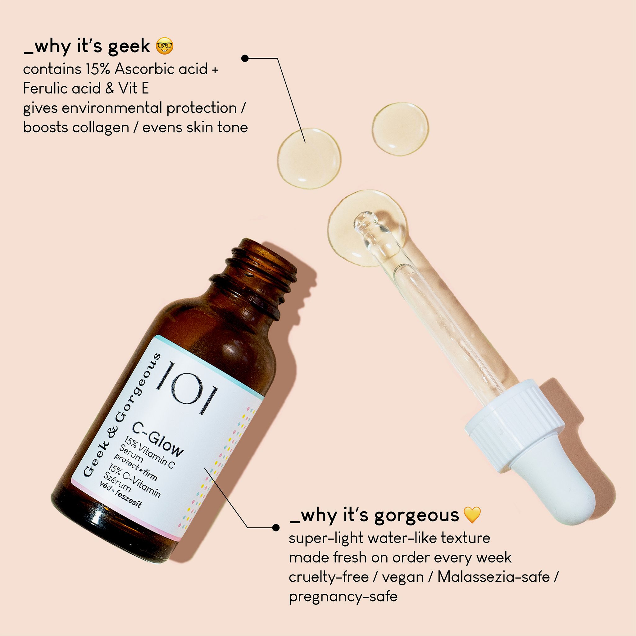Flacone di vetro marrone con contagocce e gocce di siero. L'etichetta riporta "C-Glow" e "15% Vitamin C Serum".
